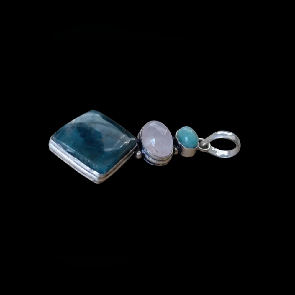 Amazing Amazonite, Rose Quartz & Blue Apatite 925 SS Pendant Necklace 18" - Picture 3 of 8